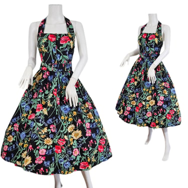Together 1980s Black Garden Party Floral Fit & Flare Cotton Halter Top Dress I Sz Med 