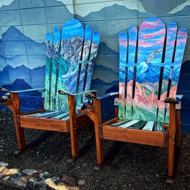 Set of 2 Hand-Painted Ski Adirondack Chairs – Mountain Sunset Mural 