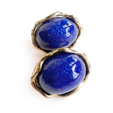 Navy and Gold PANETTA Signed Faux Lapis Stone Earrings Statement Clip On Earrings 