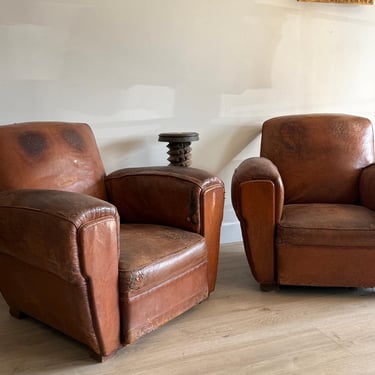 Pair of Two Antique Oversized French Leather Club Chairs 