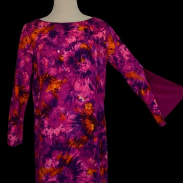 Vintage 70s Pake Mu Mu'u, Paradise Hawaii Kaftan, Tropical Floral Print, Split Sleeve, Maxi Dress, Size M - L, Medium to Large 