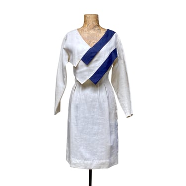 Vintage 1980s Salvatore Ferragamo Sculptural Linen Dress, 80s Ivory and Navy Minimalist Avant Garde Dress, Small 34