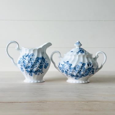 Johnson Brothers Ironstone Devon Sprays Pattern Swirl Lidded Sugar Bowl and Creamer Set 