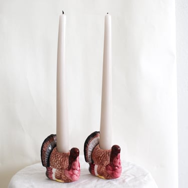 Vintage Ceramic Turkey Taper Candle Holders - Set of 2, Thanksgiving Tablescape Centerpiece, Retro Autumn Home Decor, Ceramic Tom Turkey 