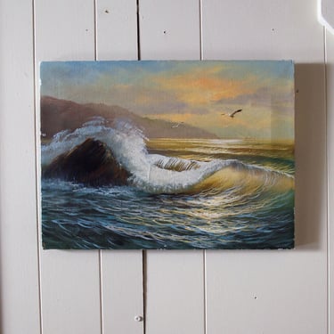 Vintage seascape painting on canvas / ocean beach oil painting / vintage artwork 