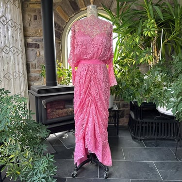 Vintage 1980s Pink Lace and Satin Asymmetrical Tea Length Dress 