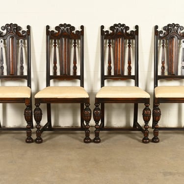 Berkey & Gay Antique English Jacobean Carved Walnut Dining Chairs, Set of Four