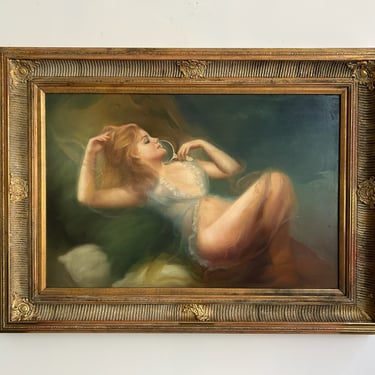 1970's Babe Floating on Clouds Oil Painting
