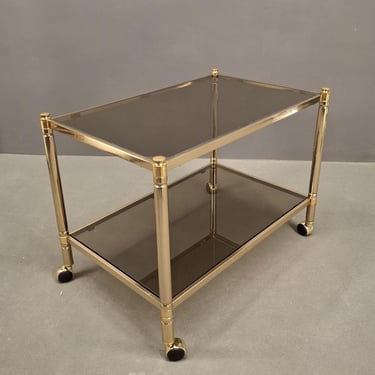 Vintage Brass Bar Cart with Smoked Glass – Mid Century Modern Rolling Cart – Hollywood Regency Serving Trolley – 2 Tier Side Table on Wheels 