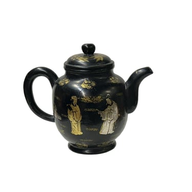 Chinese Black Glaze Golden Graphic Yixing Zisha Clay Teapot Art GB339E 