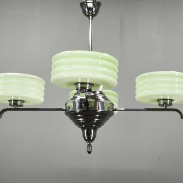 Art Deco Chandelier Green Opaline Glass Chrome Pendant Light Czechoslovakia 1930s 