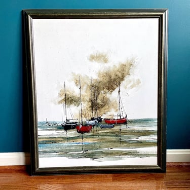 Vintage, Original, Mid Century Modern, Moored Sailboats Painting, Framed and Signed, Oil on Canvas, Board Mounted: Greys Blues Browns Red 