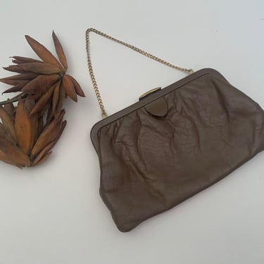 Vintage 1960s Brown Leather Clutch Bag or Gold Link Chain Strap Millay 
