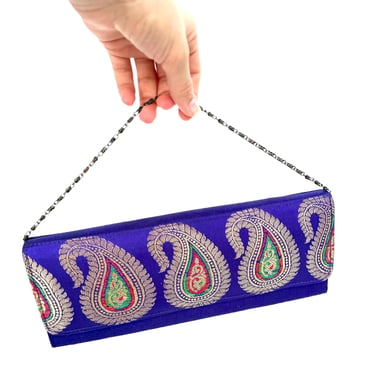 Vintage Purple Emroidered Paisley Purse, Silk Paisley Gold Metallic Purse, Chain Strap Purse, Ethnic Purse, Indian Silk Purse, Purple Clutch 