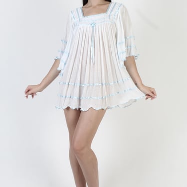White Gauze Cotton Blouse, Large Kimono Sleeves. Crochet Lace Angel Dress, Sheer Beach Cover Up 