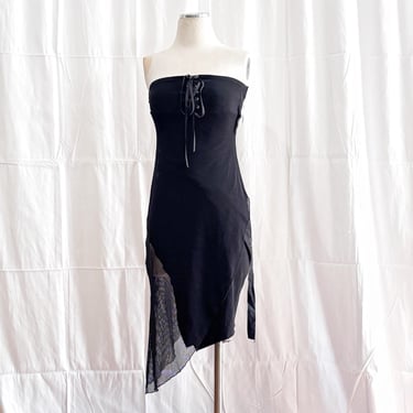 Deadstock Y2K • Black Mesh • Corset Club Dress • Industrial Goth • Asymmetrical Hem 