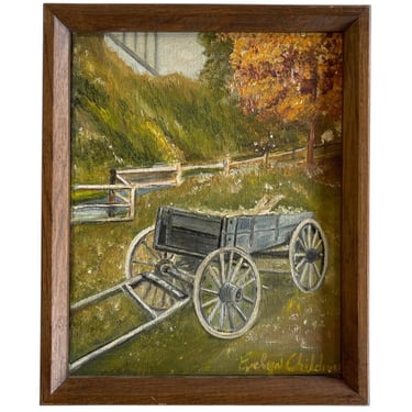 Free shipping within continental US - Vintage Autumn Landscape Oil Painting with Wagon by Evelyn Childress, Framed 