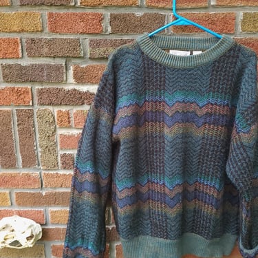 Vintage 1990's Wool Blend Knit Patterned Abstract Geometric Pullover Sweater (Large) 