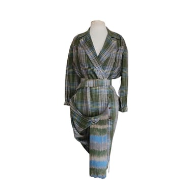Vintage 1980s Thierry Mugler Dress Runway Collection Plaid Linen Wrap Hidden Fringe Belted Midi FR 38 