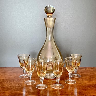 Vintage Amber Glass Liquor Decanter Set w 6 Cordial Glasses 