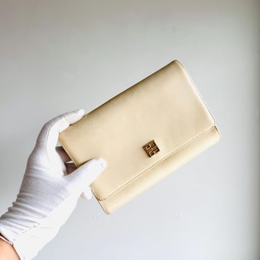 Vintage Givenchy 4G logo leather strap crossbody bag or convertible clutch purse bone white leather 