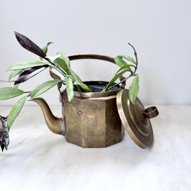Antique Brass Tea Kettle Teapot Octagonal 1800s Primitive Handmade Pot with Lid and Handle Vintage Farmhouse Kitchen Cooking Serving Decor 