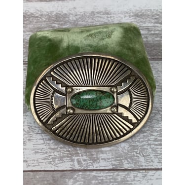 R. Martinez signed sterling belt buckle with green stone Native American 