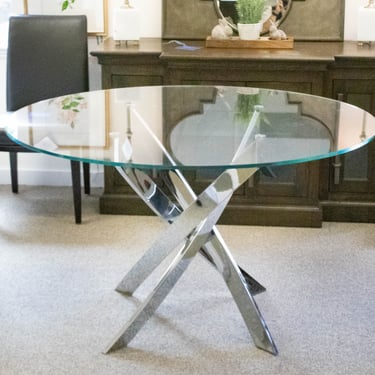 Round Contemporary Glass Top Dining Table on Angled Chrome Base