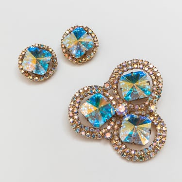 Vintage Aurora Borealis BROOCH & EARRING Set / Sparkling Rivoli Rhinestone Demi Parure 