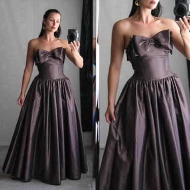 Vintage 70s Murray Arbeid London Plum Iridescent Metallic Strapless Gown w/ Exaggerated Bow | 1970s 1980s Designer Party Met Gala Dress 