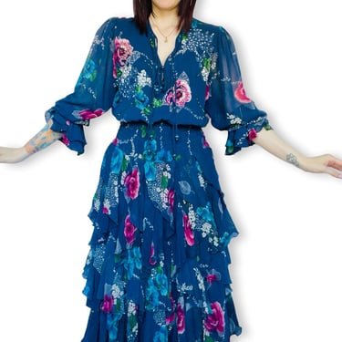 Vintage DIANE FREIS 1980s Silk Chiffon Floral Rose Print Ruffled Dress w/ Beading and Sequin Embellishments - Medium to Extra Large XL 