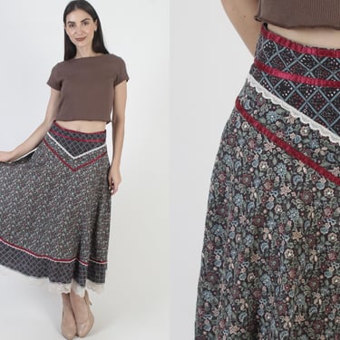 Vintage Gunne Sax Skirt, Calico Floral Print, Jessica McClintock Midi, Hip Pockets, Long Prairie Midi 