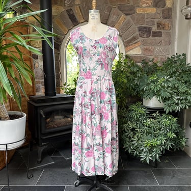 Vintage 1980s Ivory Pink Green Floral Rayon Summer Garden Party Midi Dress S Roberts 