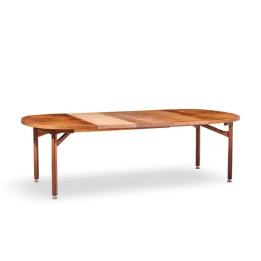 Jens Risom Mid Century Walnut Round Expanding Dining Table with 3 Leaves - mcm 