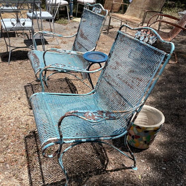 Pair of Blue Expandable Metal Chairs with Flower Motif