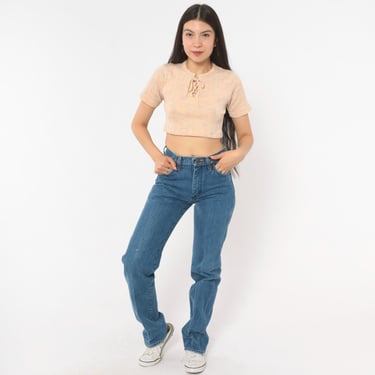 Wrangler High Waisted Jeans 90s Straight Leg Denim Blue Cotton Western Cowgirl Medium Wash Mom Jean Vintage Pants Trousers Extra Small XS 