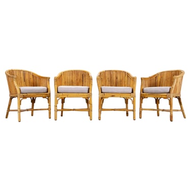 Set of Four McGuire Barrel Back Rattan Bamboo Dining Armchairs