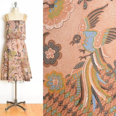 vintage 70s sun dress brown BIRD print boho hippie tropical floral midi XS 
