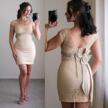 Vintage 40s Natural Floral Lace Empire Waist Wedding Dress w/ Taupe Silk Pleated Bow | Bridesmaid, Bohemian | 1940s Lace Boho Mini Dress 