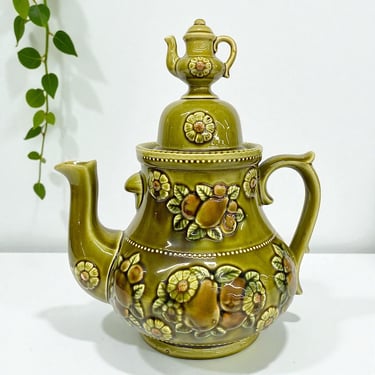Vintage Apco Teapot Cookie Jar Retro 1960s Mid Century Modern + Avocado Green + Fruit and Flower Motif + MCM Kitchen Storage + Made in Japan 