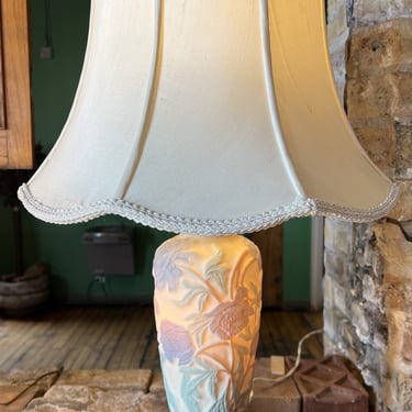 Blue and Green Floral Lamp w/ Glass and Cloth Shade
