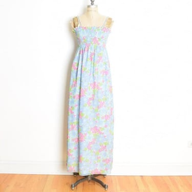 vintage 70s sun dress smocked blue daisy floral print hippie boho long maxi XS S 
