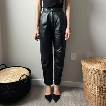 80s vintage black leather minimalist high waisted rise biker chic pants 