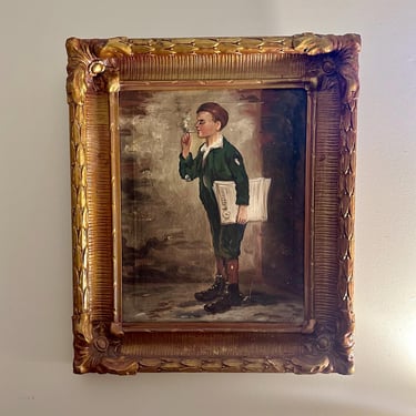 Antique Smoking Newsboy Oil Painting J.W. Brown Style Ornate Gilded Frame Signed 