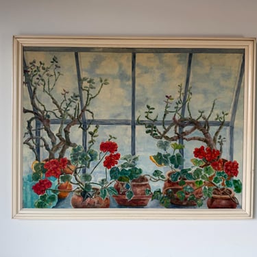 Large 1985 Toni Dalton Botanical Geraniums & Window Oil on Canvas Painting, Framed 