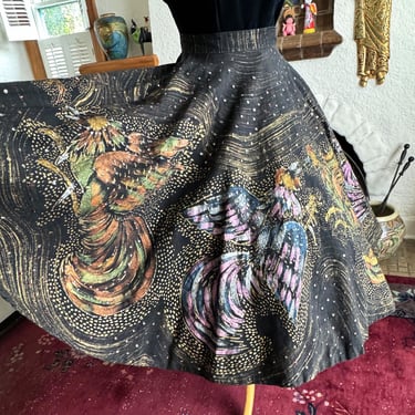 Awesome 1950s Vintage Hand Painted Mexican Skirt with Fighting Cocks ! Size Small 