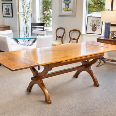 Maple Extension Dining Table With (2) Pull Out Leaves On Trestle Base
