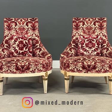 French Style White and Red Lounge Chairs - A Pair 