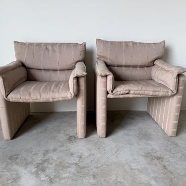 1980s Italian Postmodern Fully Upholstered Lounge Chairs on Casters – A Pair 