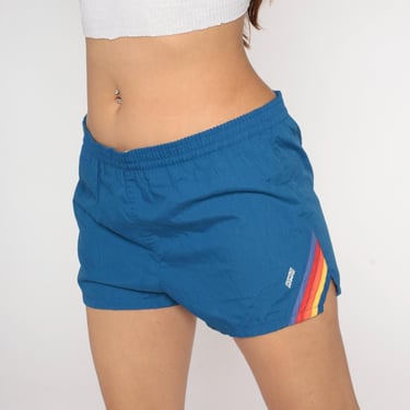 Vintage Swim Trunks 80s Blue Bathing Suit Shorts Striped Board Shorts Red Orange Yellow Purple Swimsuit Lined Swim Shorts Retro 1980s Medium 